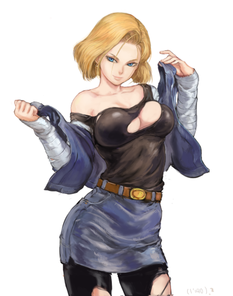 1girls android_18 beltskirt blonde_hair blue_eyes blue_skirt breasts cleavage clothed dragon_ball dragon_ball_z female female_only huge_breasts jean_skirt leaning mikanman pantyhose shirt short_hair shu-mai skirt smile solo standing text watermark