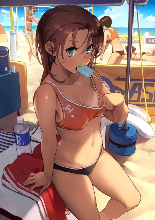 artist request, beach, blue eyes, brown hair, popsicle, sports bra
