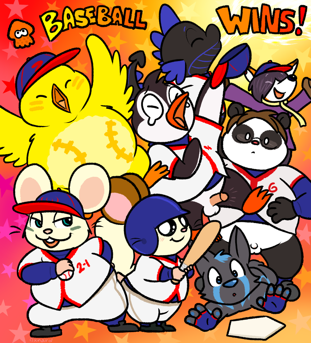 ambiguous_gender anthro avian baseball_(sport) baseball_cap bear bird bottomless canine cappy_(hamtaro) clothed clothing darkbluefire dragon english_text eyewear furry gamma_the_penguin glasses goodname_panda group hamster hamtaro_(series) hat male male_focus mammal nishi nude original_character overweight overweight_male oxynard panda penguin penis rodent sport text uniform