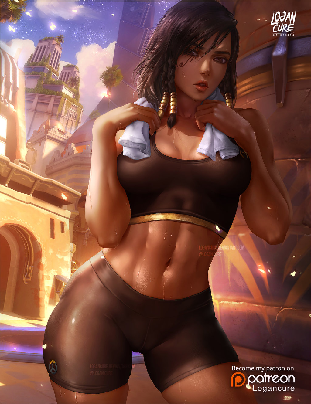 abs, bike shorts, breasts, cameltoe, cleavage, crop top, dark skin, dark-skinned female, female, female only, logan cure, looking at viewer, navel, overwatch, pharah, pussy, solo, sweat