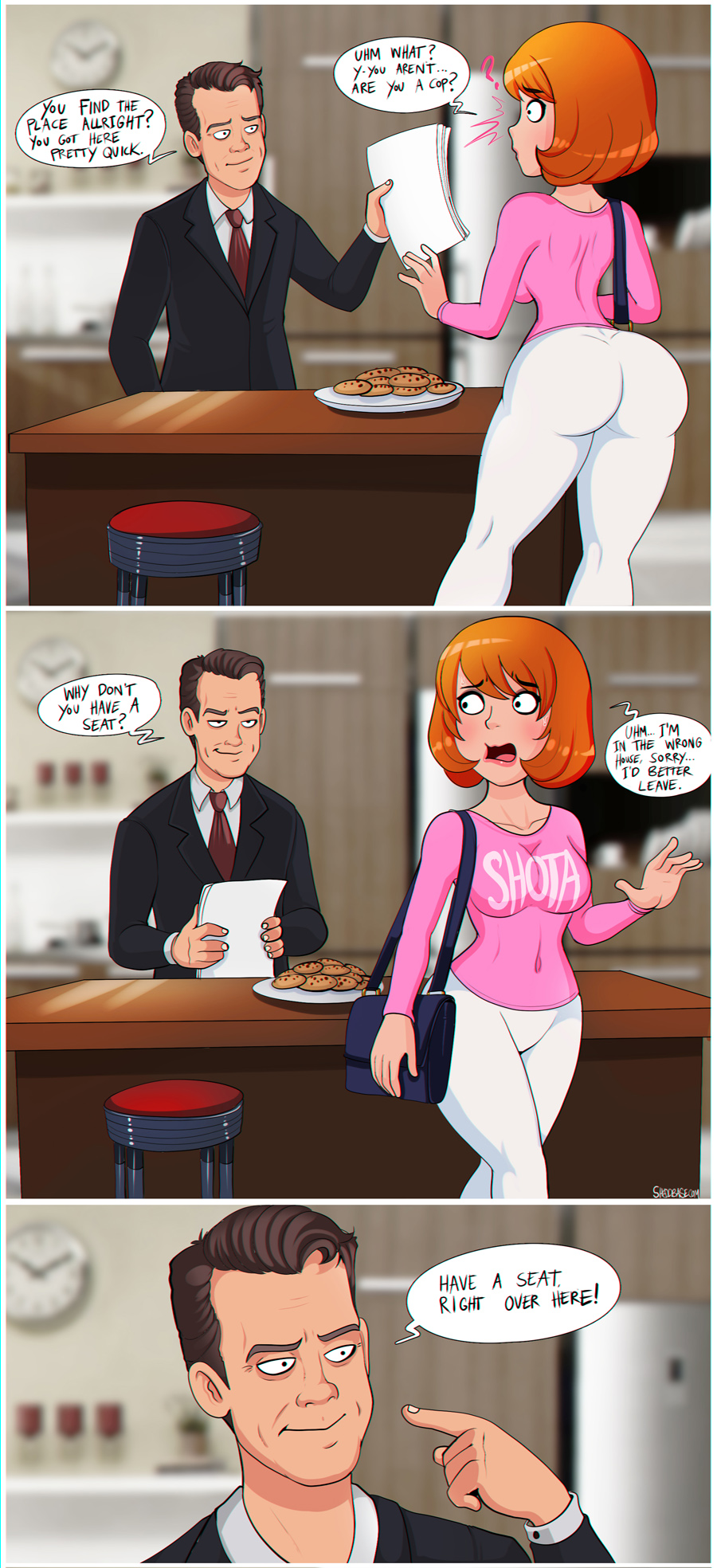 ass, big ass, chris hansen, comic, curvy, facesitting, female, male, shadman, speech bubble, squatting, tagme, tight clothes