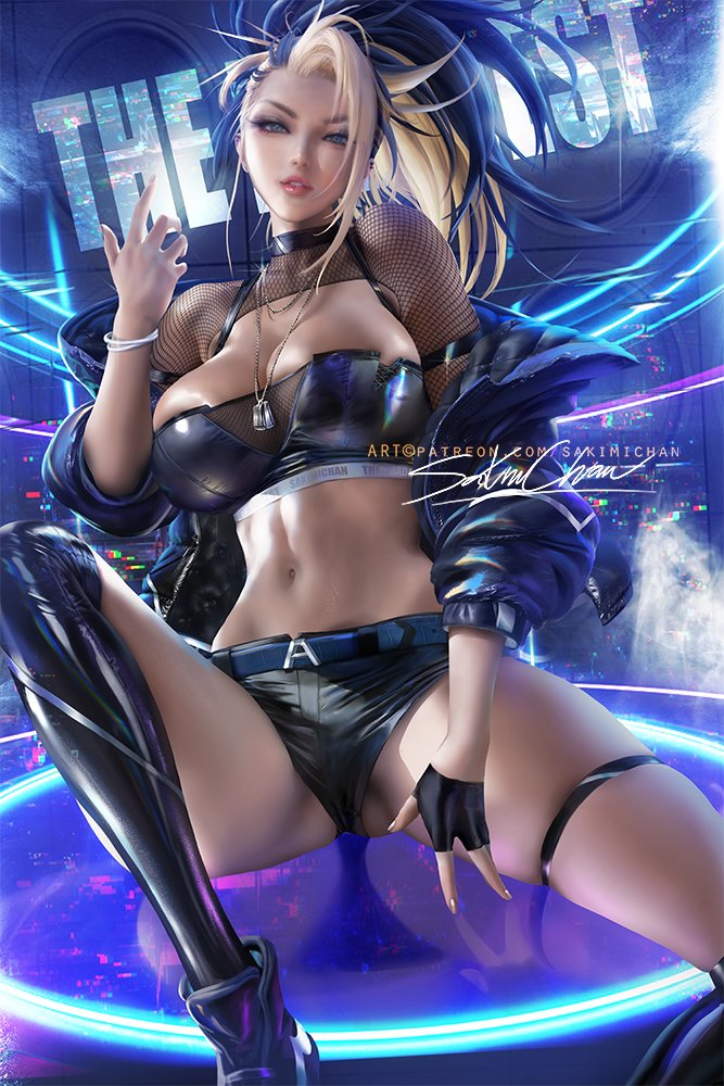 1girls, akali, alternate costume, big breasts, breasts, cleavage, female, female only, k/da akali, k/da series, large breasts, league of legends, looking at viewer, sakimichan, solo, spread legs, strapless, strapless top, strapless topwear, tubetop