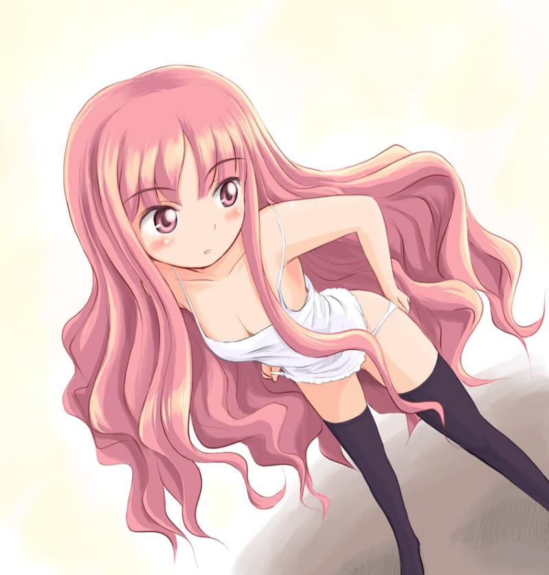 black_legwear blush camisole clothing color female female_only human louise_francoise_le_blanc_de_la_valliere panties panty_pull pink_eyes pink_hair ryp small_breasts solo stockings thighhighs underwear white_panties zero_no_tsukaima