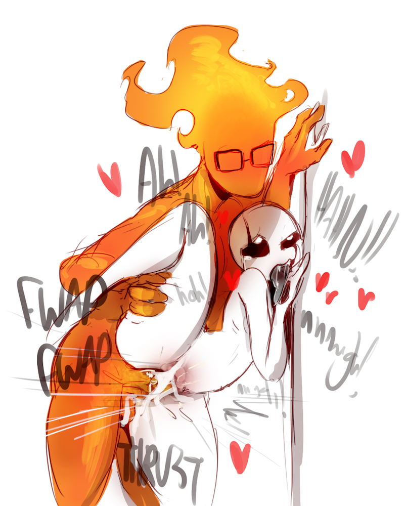 1boy 1boy1girl 1girls 2d against_wall color female gaster grillby male orange_body penetration rule_63 salt-ankles_(artist) tagme uncensored undertale undertale_(series) white_background white_body