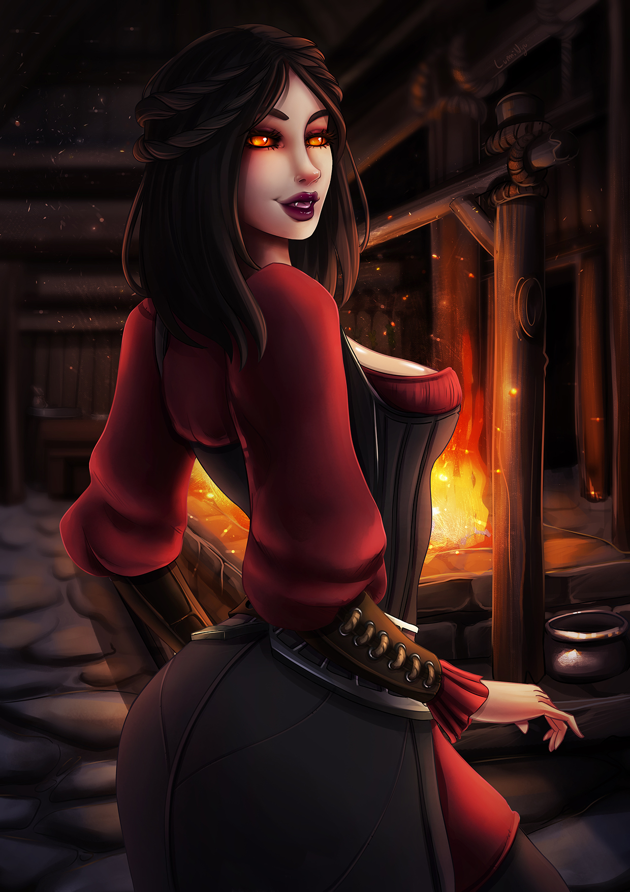 1girls, 2018, background, bethesda softworks, black hair, blush, breasts, cleavage, dress, eyes, fangs, female, female only, glowing eyes, hair, light-skinned female, lips, lipstick, long hair, looking at viewer, luminyu, makeup, medium breasts, open mouth, orange eyes, patreon, pinup, purple lipstick, serana, skyrim, smile, solo, solo focus, tagme, tavern, the elder scrolls, tongue, vampire, vampire girl, yellow eyes