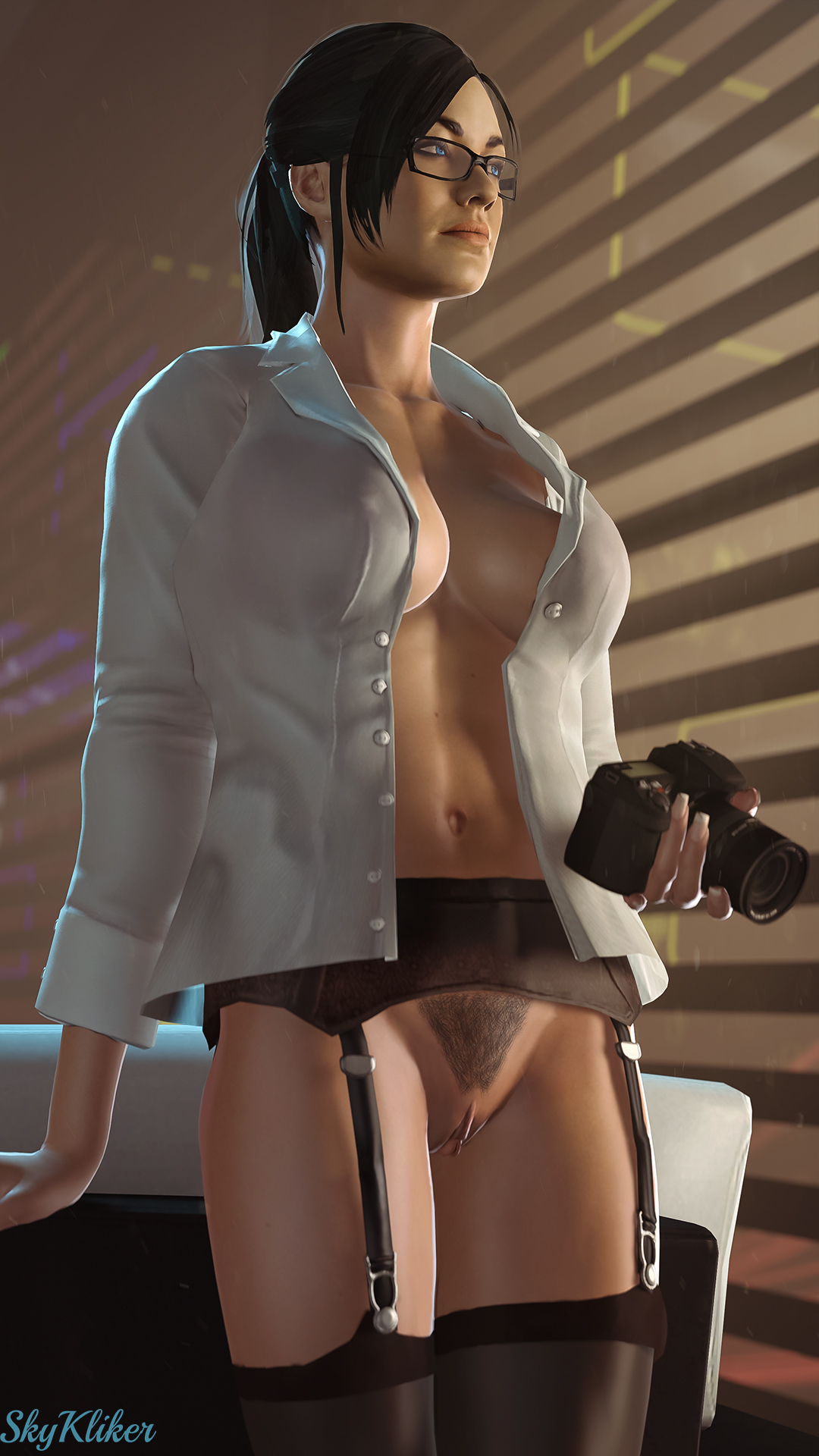 1girls, 3d, areolae, black hair, blue eyes, breasts, button down shirt, camera, cleavage, curvy, erect nipples, female, female only, garter belt, glasses, large breasts, lingerie, long nails, mass effect, miranda lawson, nipple bulge, nipples, no bra, pubic hair, pussy, realistic, shirt open, skykliker, solo, source filmmaker, standing, stockings, thighhighs