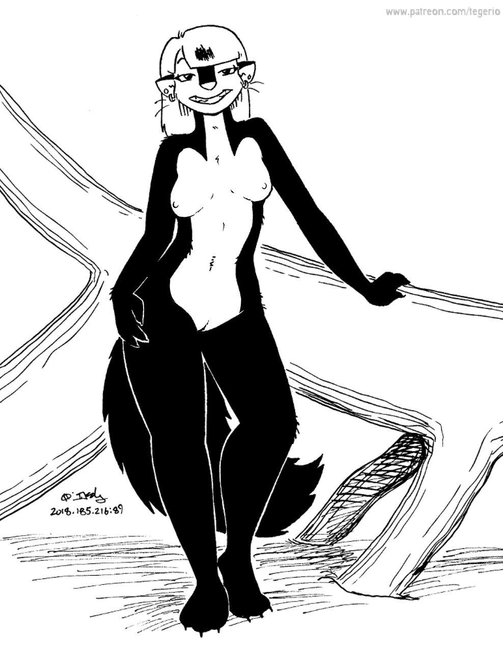 anthro breasts edit female furry furry_only kelly_o'dor mammal monochrome no_humans nude nude_edit pinup pose pussy skunk tegerio zander's_saga