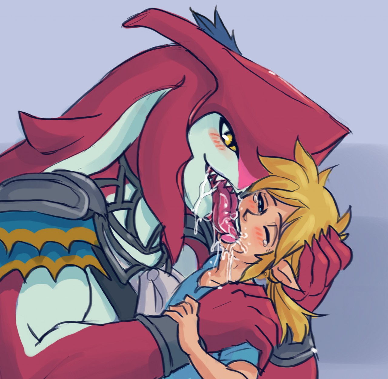 anthro, big dom small sub, blush, breath of the wild, close-up, clothed, clothing, drooling, extreme french kiss, french kissing, hair, human, human on anthro, humanoid, hylian, interspecies, kissing, link, link (breath of the wild), male, male only, mammal, marine, masculine male, muscular, nintendo, nude, one eye closed, open mouth, saliva, sharp teeth, shirt, sidon (zelda), size difference, slit pupils, smile, tears, teeth, the legend of zelda, tongue, tongue out, ungulatr, video games, yaoi, yellow eyes, zora