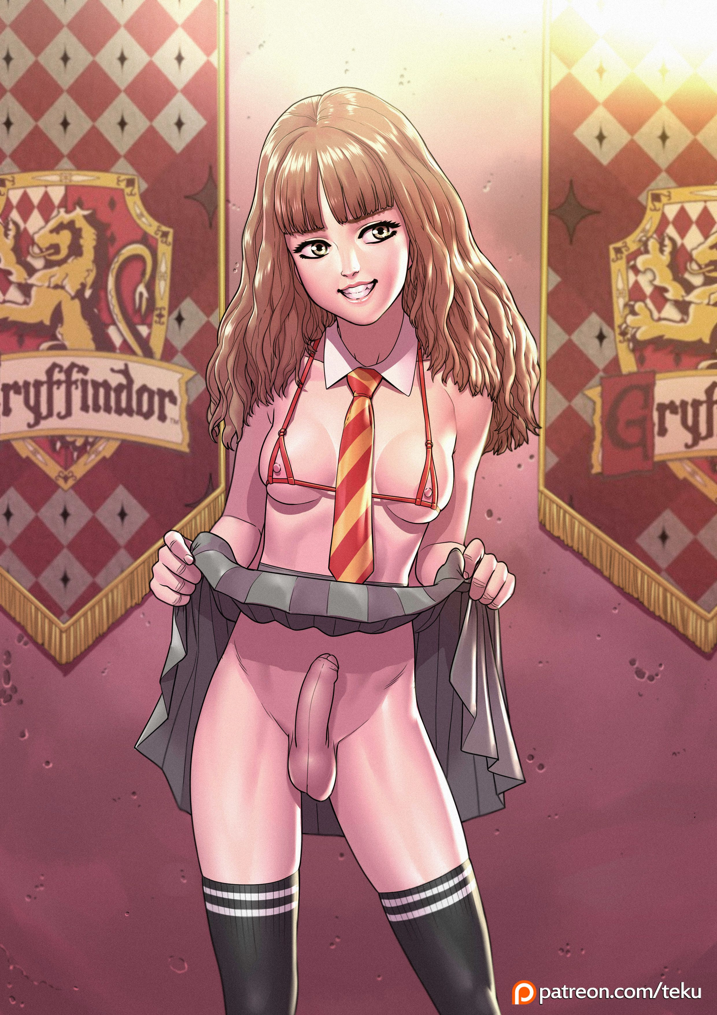 1futa, areolae, balls, bikini top, breasts, brown hair, cleavage, curvy, erect nipples, erection, erection under clothes, erection under skirt, futa only, futanari, gryffindor, gryffindor symbol, gryffindor tie, harry potter, hermione granger, intersex, long hair, medium breasts, nippleless clothes, nipples, no panties, penis, penis out, penis under clothes, penis under skirt, skirt, skirt lift, smile, solo, tekuho, thighhighs, witch (harry potter)