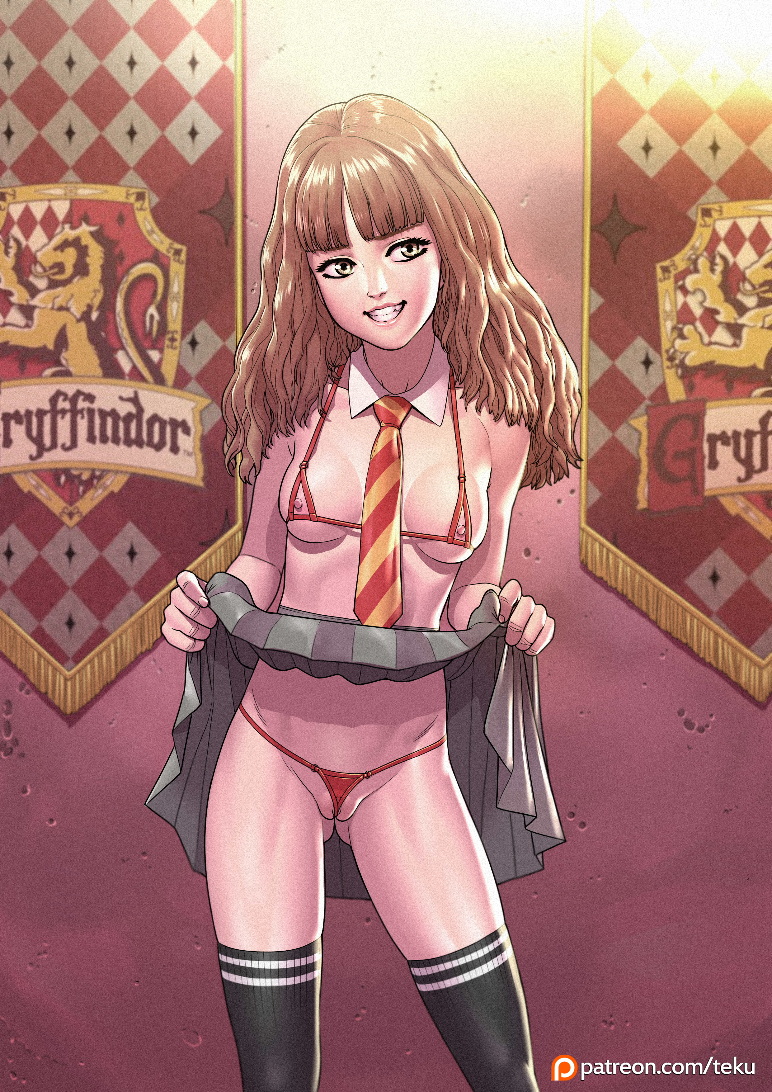 1girls, between labia, bikini top, breasts, brown hair, female, female only, frontal wedgie, gryffindor, gryffindor symbol, gryffindor tie, harry potter, hermione granger, innie pussy, long hair, micro bikini, necktie, nippleless clothes, nipples, partially visible vulva, pussy, revealing clothes, skirt, skirt lift, smile, solo, solo female, tekuho, thighhighs, thong, witch (harry potter)