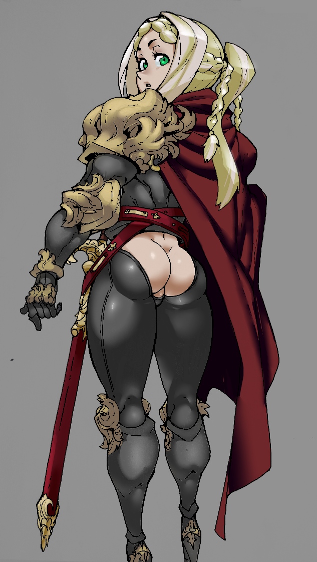 1boy armor ass ass_cutout back blonde_hair bulge cape clothed femboy green_eyes grey_background high_heels looking_at_viewer looking_back male_only original skin_tight standing sword testicles weapon ziroko