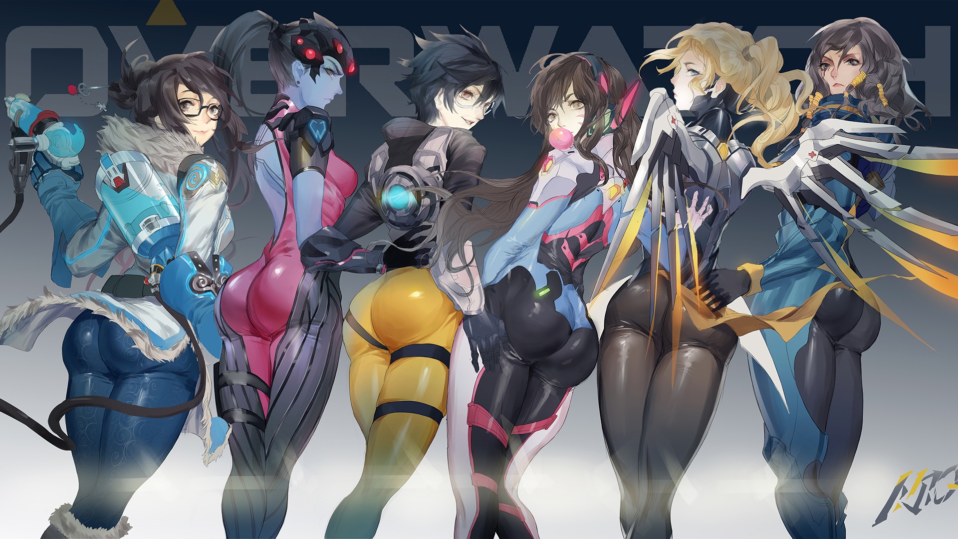 6+girls, 6girls, angry, asian, ass, bodysuit, d.va, eyewear, female, female only, glasses, looking at viewer, mei (overwatch), mercy, multiple females, multiple girls, overwatch, pharah, smile, tagme, take your pick, tight clothing, tracer, widowmaker