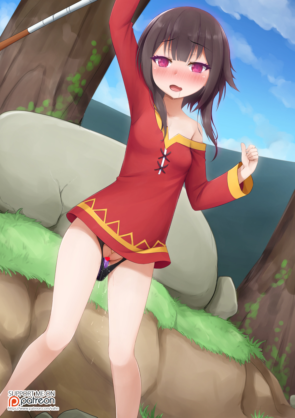 1girls, bare legs, black hair, black panties, blue sky, blush, censored, cloud, day, dress, dutch angle, eyebrows visible through hair, female, grass, heart censor, kono subarashii sekai ni shukufuku wo!, long hair, long sleeves, looking at viewer, megumin, outdoors, panties, patreon, pussy, pussy juice, red dress, rock, saliva, sex toy, sitting, sky, solo, standing, underwear, vahn yourdoom, watermark, web address