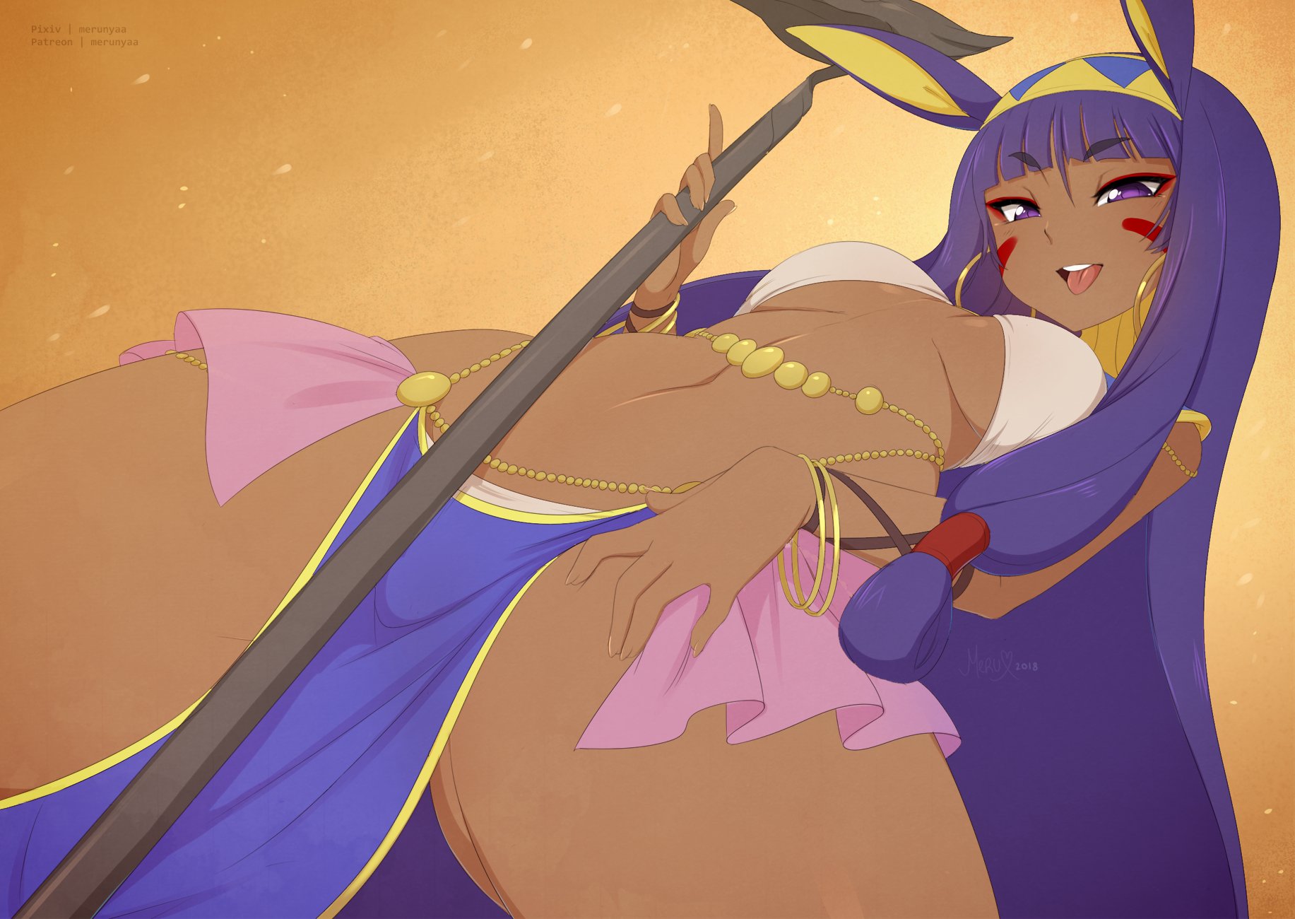 breasts, cleavage, dark skin, dark-skinned female, fate (series), fate/grand order, female, female only, loincloth, looking at viewer, merunyaa, navel, nitocris (fate/grand order), open mouth, solo