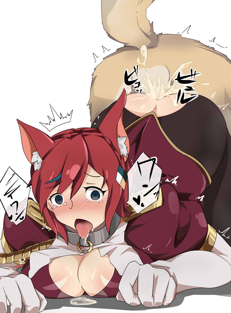 acuto animal_ears big_breasts blush breasts brown_eyes canine cleavage clothed_sex clothing cum cum_in_pussy cum_inside dog_ears female from_behind gloves interspecies large_breasts open_mouth pantyhose penetration red_hair ril_(wixoss) sex short_hair simple_background spread_legs tears tongue top-down_bottom-up torn_clothes torn_pantyhose vaginal_penetration white_background wixoss zoophilia