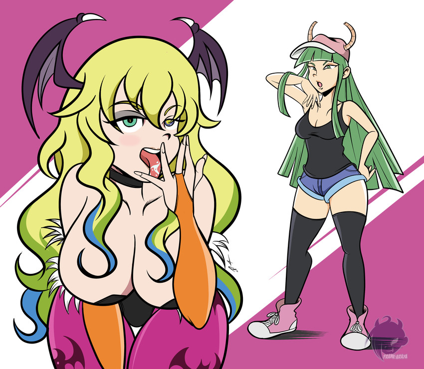 2girls animal_print bat_print big_breasts blonde_hair breasts capcom cleavage clothing cosplay costume_switch crossover darkstalkers female female_only frankaraya green_hair hat head_wings heterochromia horns huge_breasts large_breasts long_hair looking_at_viewer lucoa_(cosplay) miss_kobayashi's_dragon_maid morrigan_aensland morrigan_aensland_(cosplay) multiple_girls quetzalcoatl_(cosplay) quetzalcoatl_(dragon_maid) quetzalcoatl_(dragon_maid)_(cosplay) shorts small_breasts stockings succubus suggestive_pose thighhighs tongue tongue_out yellow_hair