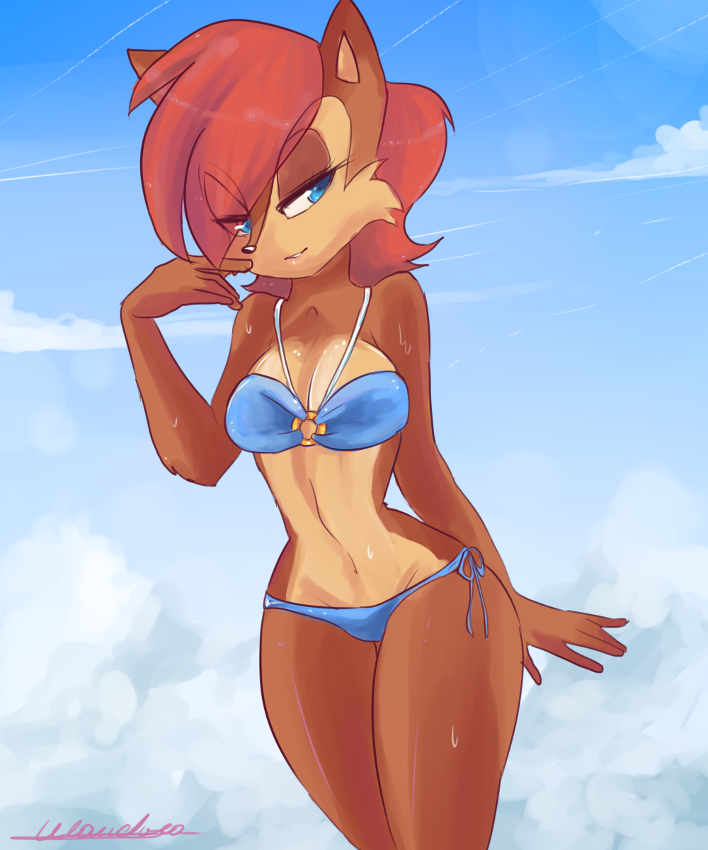 anthro bikini black_nose blue_eyes brown_fur chipmunk clothing cloud cloudscape eyelashes female fur ground_squirrel hair hi_res klaudy looking_at_viewer looking_back mammal outside rodent sally_acorn sciurid sky smt1923 solo sonic_(series) swimwear