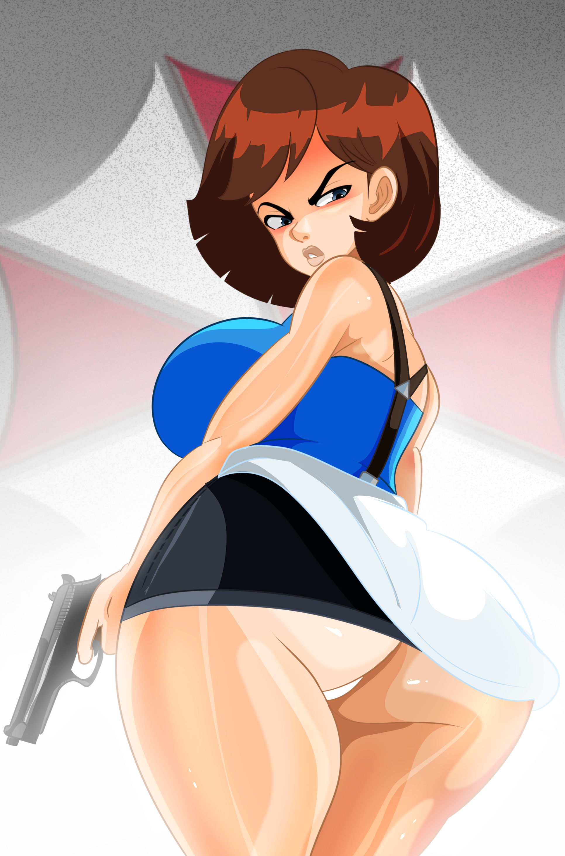 1girls, ass, ass crack, biohazard, blue eyes, breasts, brown hair, butt crack, curvy, female, female only, huge breasts, jill valentine, jill valentine (julia voth), resident evil, resident evil 3, short hair, solo, sonson-sensei, thick