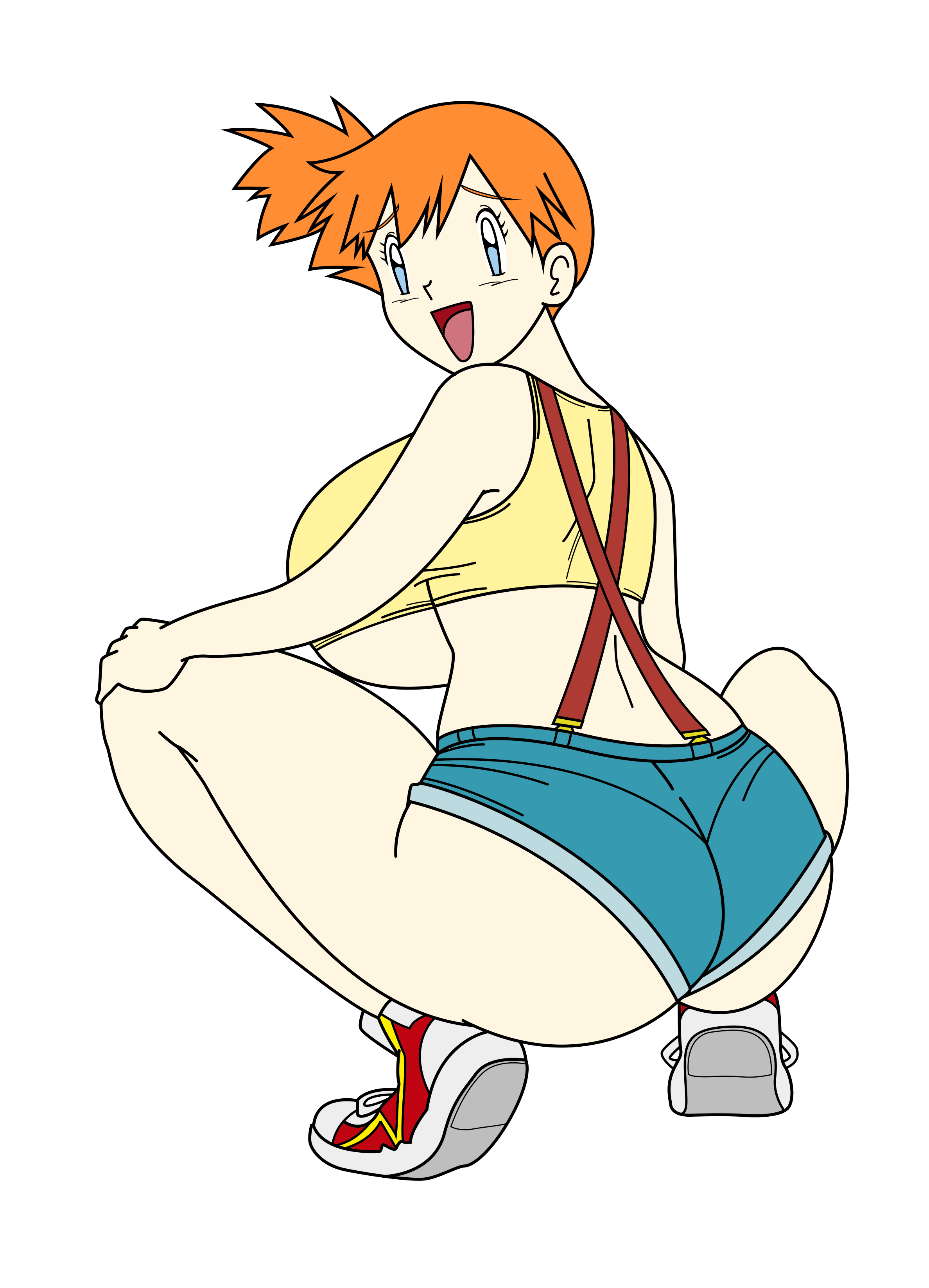 1girls, ass, ass hanging out of shorts, backboob, big ass, blue eyes, breasts, female, female only, gigantic breasts, human, human only, kasumi (pokemon), nintendo, orange hair, pokemon, pokemon rgby, short hair, solo, squatting, toshiso