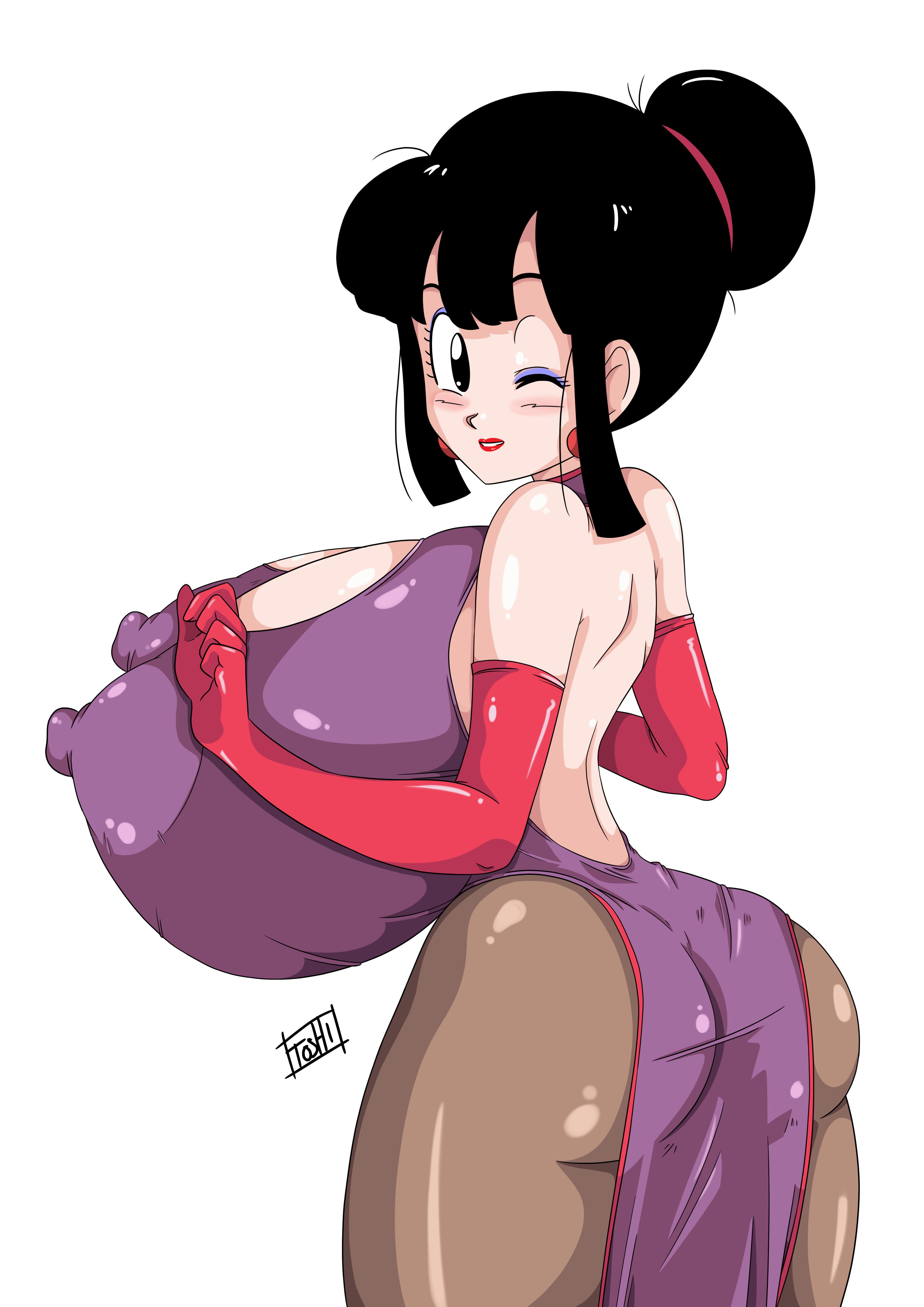 1girls, ass, bimbo, black eyes, black hair, blush, breasts, busty, chichi, china dress, cleavage, dragon ball, dragon ball z, eyeshadow, female, female only, gigantic breasts, hourglass figure, huge breasts, hyper breasts, lipstick, long hair, milf, nipple bulge, shounen jump, solo, toshiso, voluptuous, wink