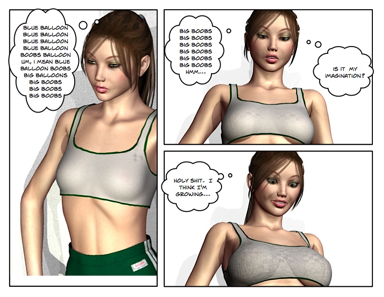 3d balloon big_breasts breast_expansion breasts brown_hair comic female_only flat_chest green_eyes growthcomics happy laboratory long_hair mantra medium_breasts ponytail science shorts tank_top text thought_bubble