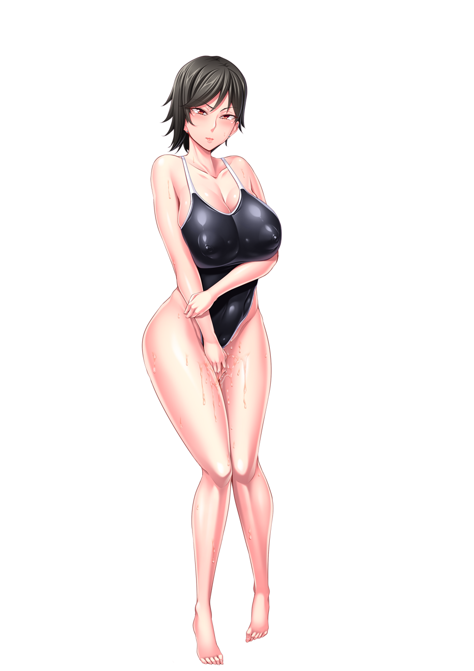 barefoot black_hair breasts crossed_arms curvy embarrassed female full_body game_cg julia_bloodstone kangoku_academia large_breasts lilith-soft looking_at_viewer nipples partially_visible_vulva pussy_juice red_eyes shiny shiny_skin short_hair sian solo standing sweat swimsuit transparent_background underwear