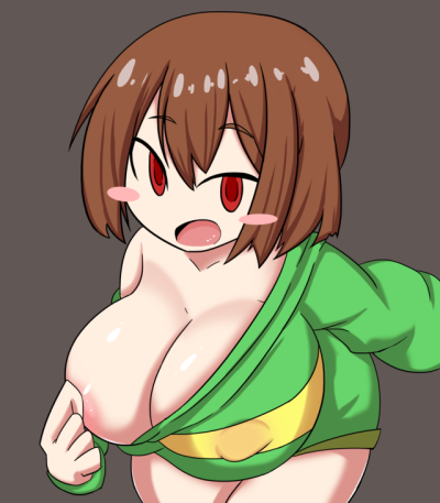 alternate_breast_size blush breasts chara crazy_eyes female huge_breasts hypnotized_presentation hypnotized_undressing petronoise sweater undertale