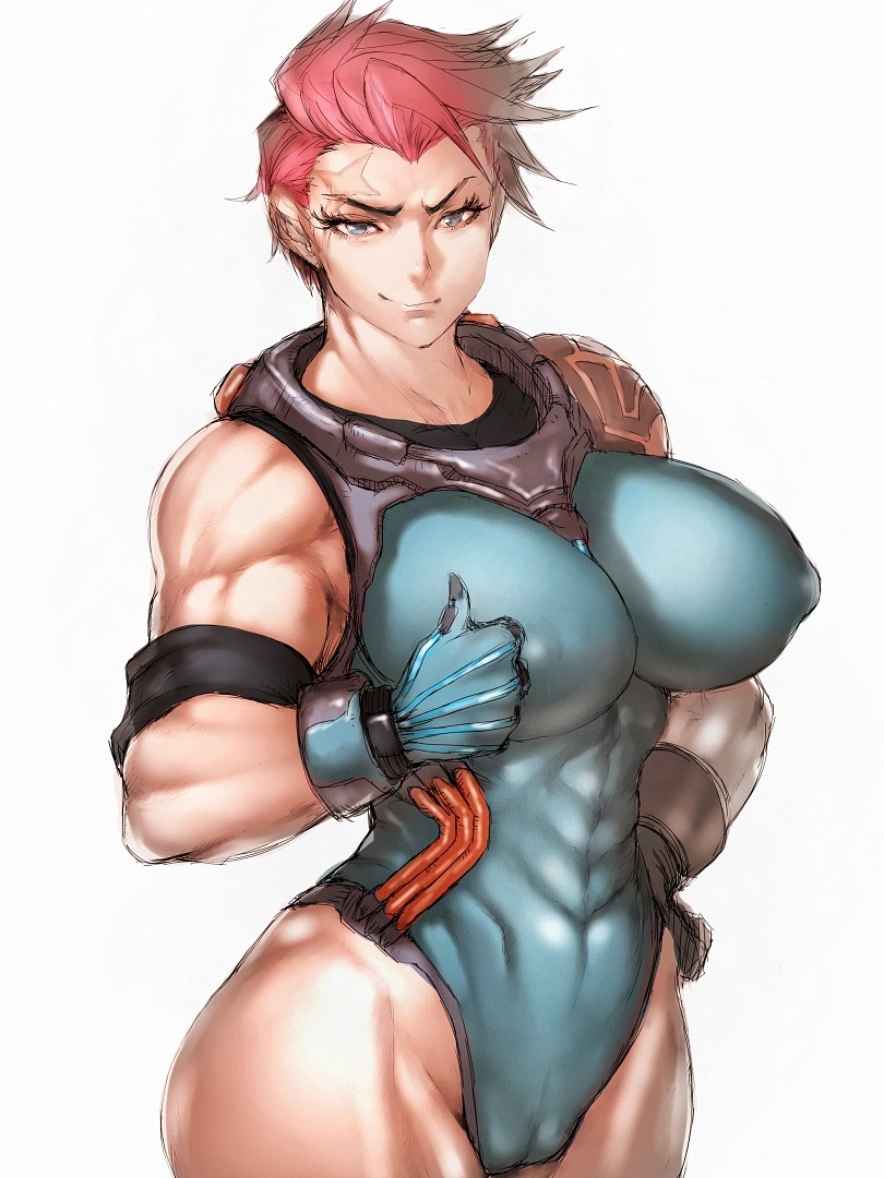 2d, abs, big breasts, blizzard entertainment, bodysuit, breasts, cameltoe, cleavage, female, female only, fumio (rsqkr), large breasts, looking at viewer, muscles, muscular, muscular female, overwatch, pussy, solo, zarya