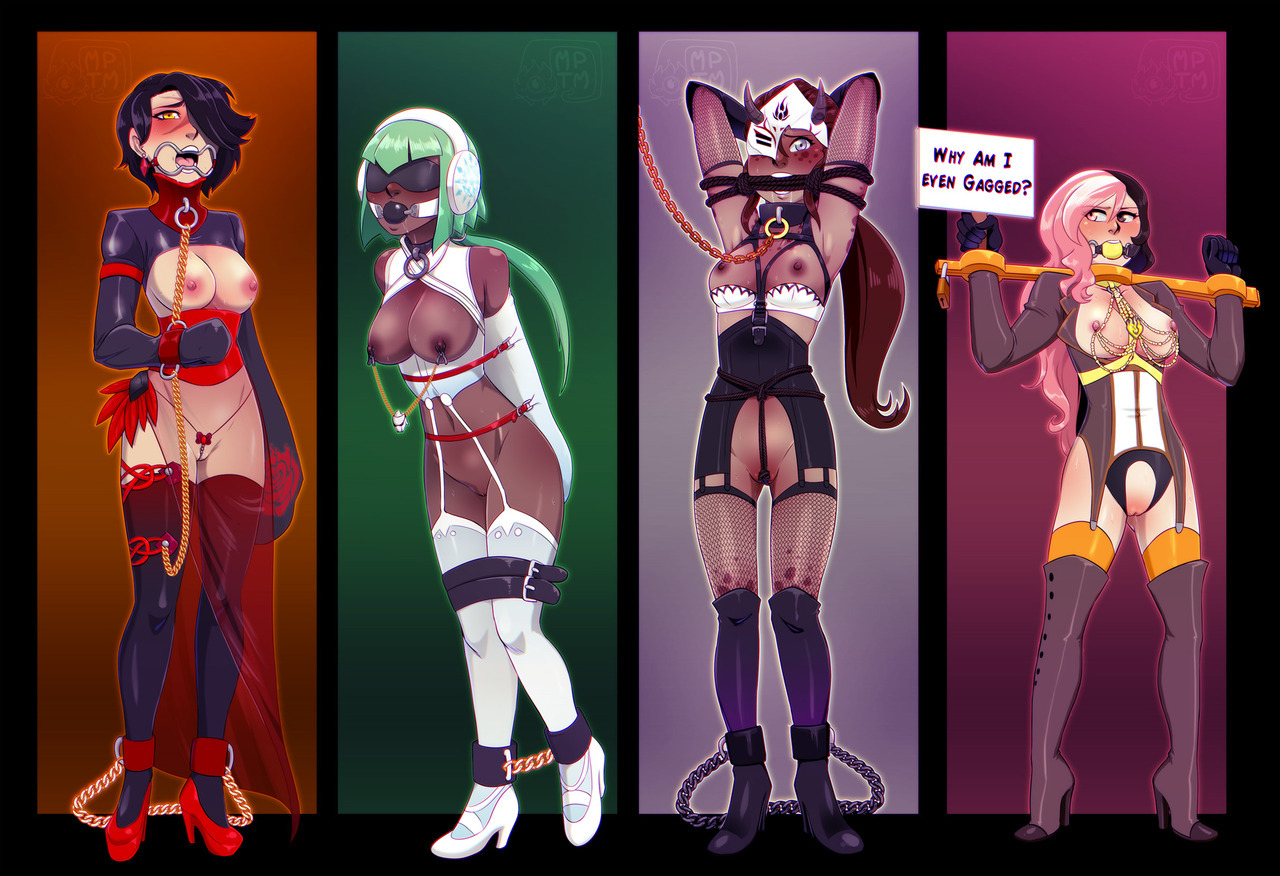 4girls, alternate costume, ankle cuffs, areolae, arms behind back, arms behind head, ball gag, big breasts, black hair, blindfold, bondage, boots, breasts, breasts out, brown hair, chains, cinder fall, collar, cosplay, crotch rope, crotchless panties, cuffs, dark skin, dark-skinned female, emerald sustrai, female, female only, femsub, fishnet legwear, fishnet stockings, fishnets, gag, gagged, garter belt, garter straps, green hair, hands behind back, hands behind head, heel boots, helpless, heterochromia, high heel boots, high heels, ilia amitola, leash, long hair, mask, multiple females, multiple girls, multiple subs, my pet tentacle monster, neo (rwby), nipples, nude, open mouth gag, pink hair, pussy, rwby, scar, short hair, sign, slave, stockings, thigh boots, thighhigh boots, thighhighs, two-tone hair, wrist cuffs, yellow eyes