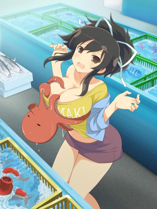 1animal, 1girls, asuka (senran kagura), breast grab, breasts, brown eyes, brown hair, embarrassed, female, fish, groping, huge breasts, interspecies, large breasts, male, octopus, off shoulder, official art, open mouth, ponytail, senran kagura, senran kagura (series), senran kagura new wave, shirt, shirt lift, short shorts, shorts, size difference, small dom big sub, smaller male, tentacle, thighs, tied hair, water, wet, yaegashi nan, zoophilia