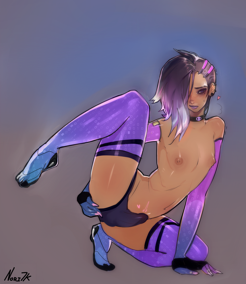 1boy areolae blush bulge dark-skinned_femboy dark-skinned_male dark_skin femboy flat_chest genderswap_(ftm) girly male male_only navel nipples nori-7k overwatch rule_63 solo sombra thighhighs toe_socks toes trap