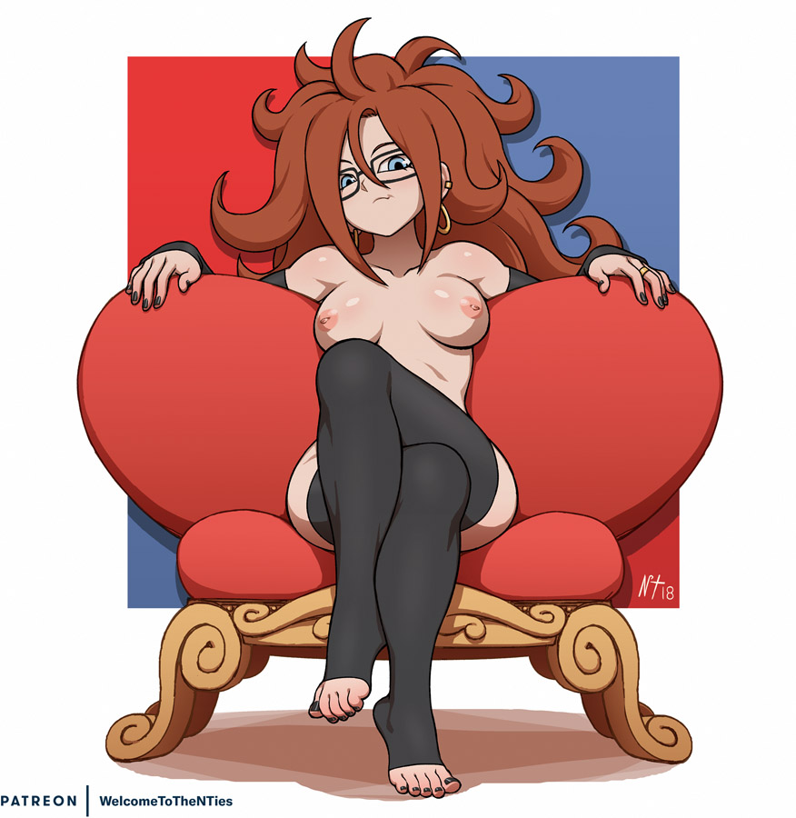 android 21, android 21 (human), areolae, black legwear, black nail polish, black nails, black stockings, blue eyes, breasts, chair, curly hair, dragon ball, dragon ball fighterz, feet, female, female only, foot fetish, glasses, looking at viewer, nail polish, nipples, noisetanker, painted nails, solo, stirrup legwear, stockings, thighhighs, toes