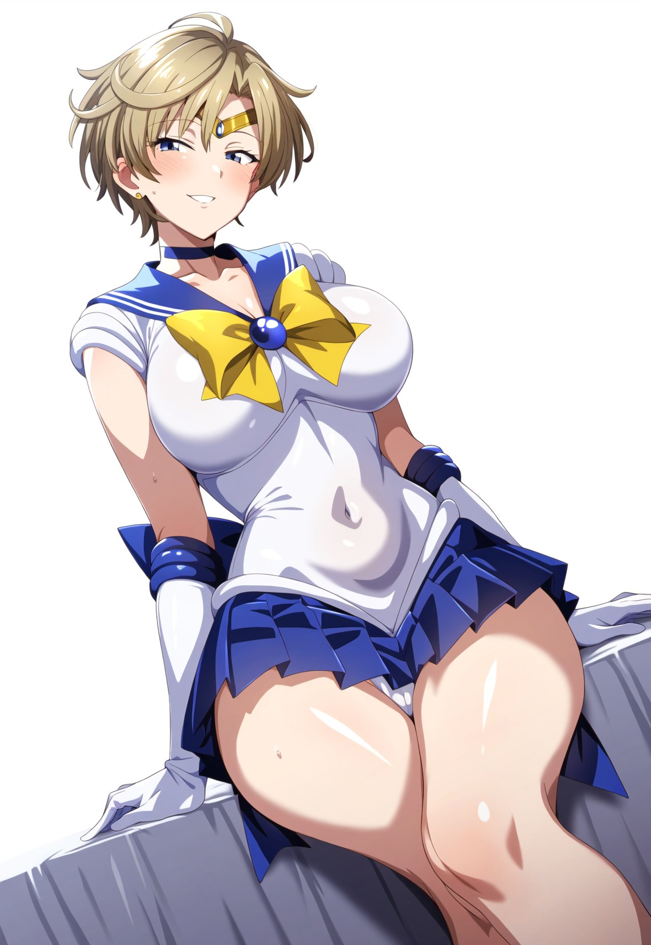 1girl 1girls 2024 2024s ai_generated armwear belly_button belly_button_visible_through_clothing big_breasts bishoujo_senshi_sailor_moon blonde blonde_female blonde_hair blonde_hair_female blue_choker blue_eyes blue_skirt blush breasts choker clothed clothing deko female female_focus female_only hair haruka_tenou huge_breasts large_breasts long_gloves navel navel_visible_through_clothes panties sailor_collar sailor_uniform sailor_uranus short_hair simple_background sitting skirt smile thick_thighs thighs white_background white_panties wide_hips