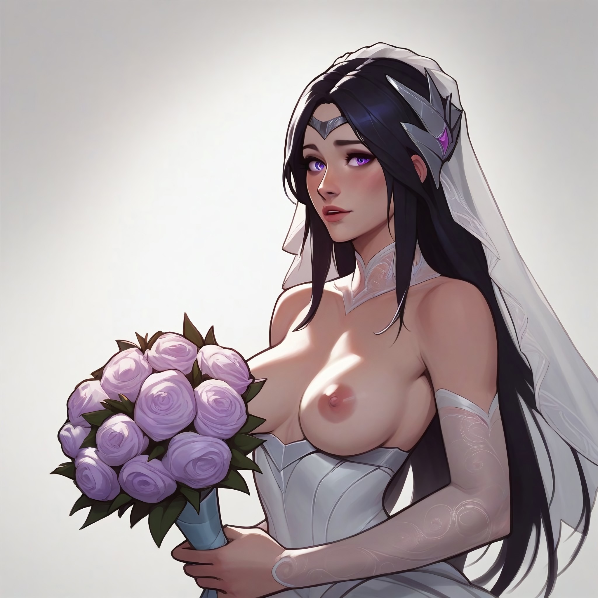 ai generated, bouquet, breasts, breasts exposed, breasts out, eye contact, female, happy, irelia xan, league of legends, procrastrinatingprojects, wedding dress