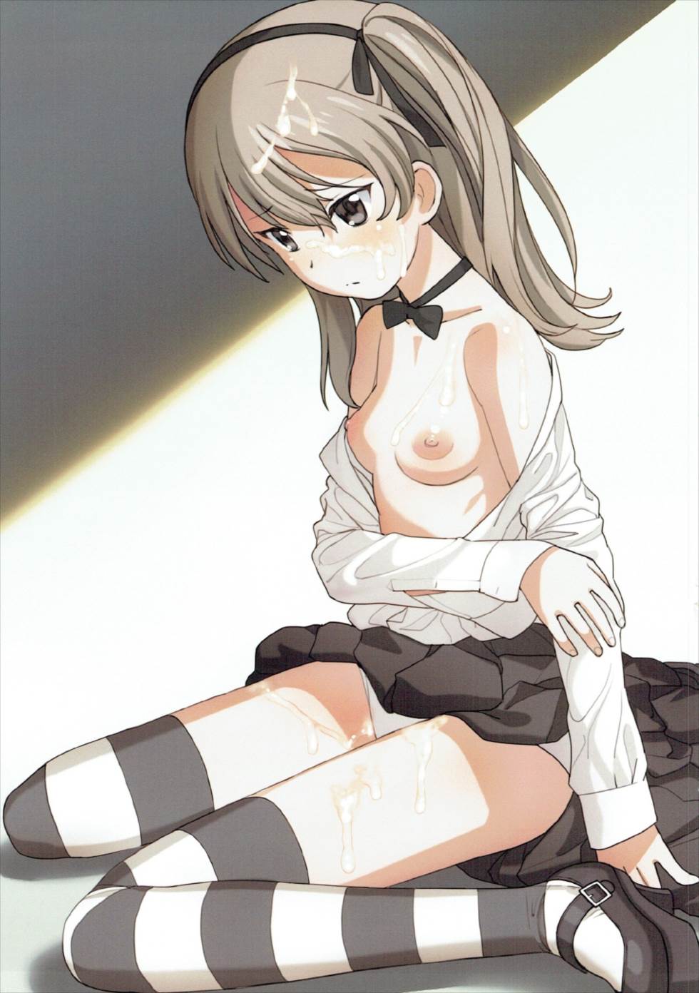 a1 after_sex blush breasts breasts_out clothing cum facial female girls_und_panzer grey_eyes highres long_hair medium_breasts nipples no_bra panties shimada_arisu skirt solo striped striped_legwear thighhighs underwear white_hair white_panties