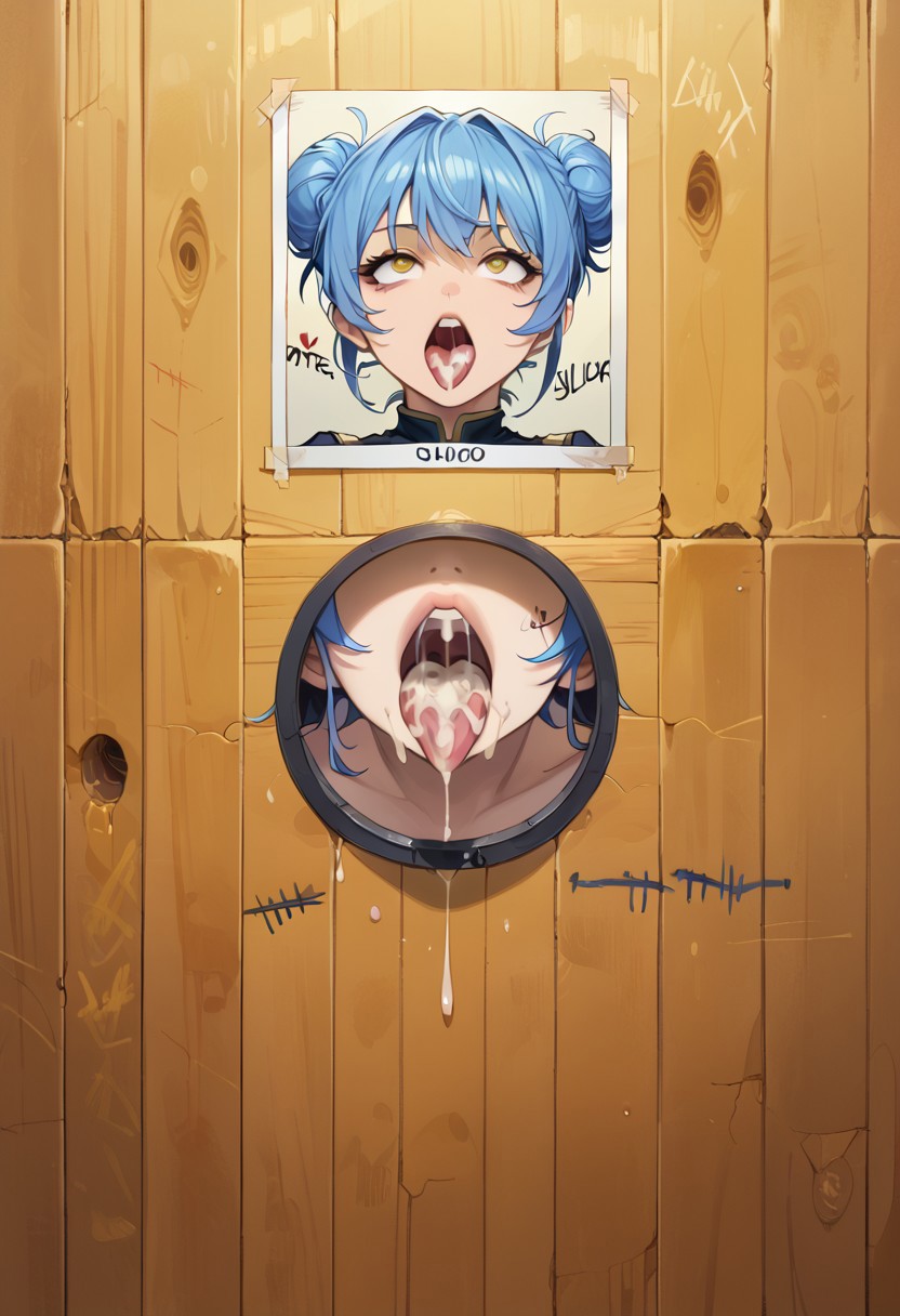 ai_generated blue_frog blue_hair cum_in_mouth cum_leaking_out_of_mouth double_bun glory_hole glory_hole glory_wall hair_buns inviting_to_suck open_mouth portrait portrait_(object) tally_marks tongue_out yellow_eyes