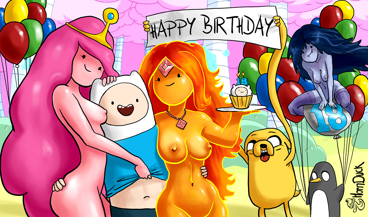 adventure time, breasts, casual, dark skin, female, finn the human, flame princess, hornduck, human, naked, pale skin, party, princess bubblegum, topless