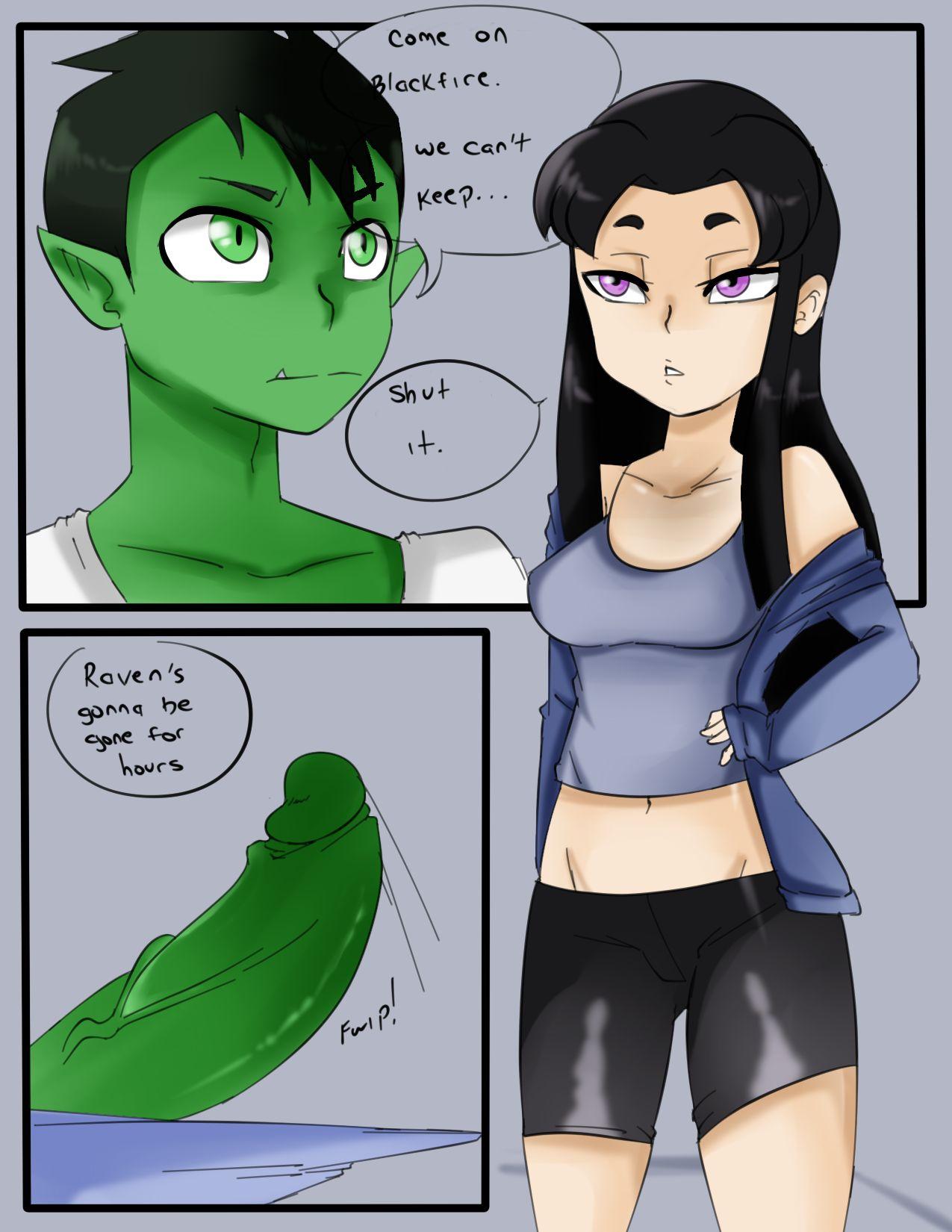 2d, alien, alien girl, alien look like human, beast boy, big penis, black hair, blackfire, clothed, clothing, dc, dc comics, female, green eyes, green skin, hetero, inuyuru, komand'r, light skin, light-skinned female, male, penis, purple eyes, shorts, teen titans