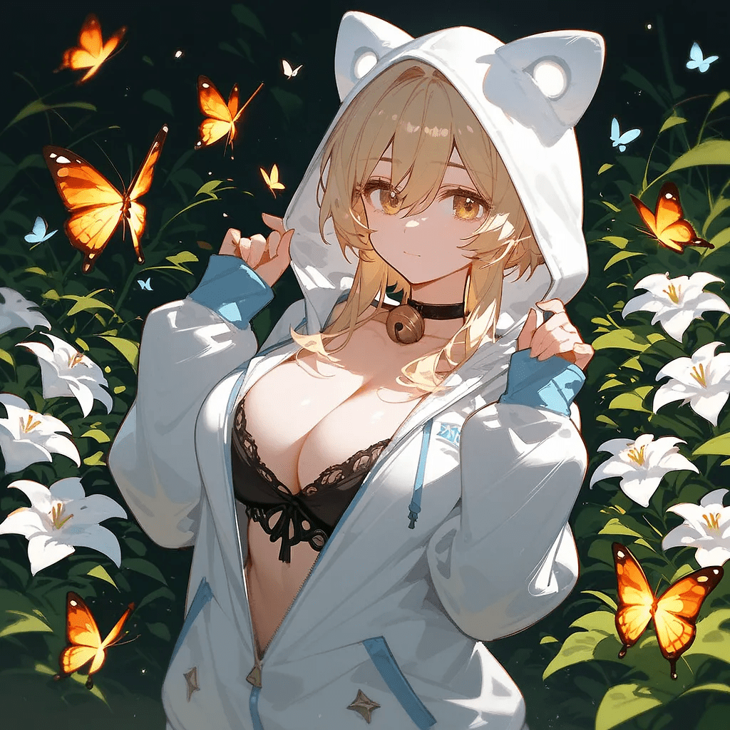 ai_generated bra butterfly cat_ears flowers genshin_impact jacket jacket_open lumine_(genshin_impact) ministro