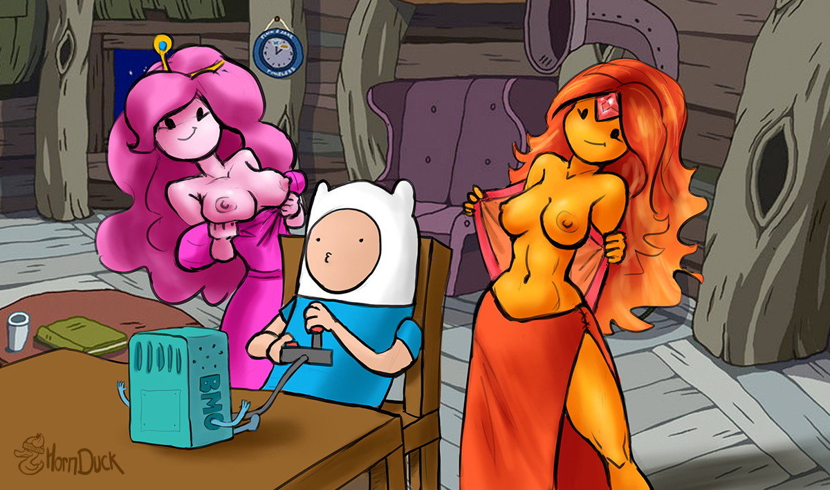 2girls, adventure time, bmo, breasts, cartoon network, clock, clothing, computer, couch, crown, electronics, elemental, female, finn the human, fire elemental, flame princess, flashing, game console, game controller, gem, hornduck, human, jewelry, male, naked, nipples, pale skin, pink hair, pink skin, princess bubblegum, smile, topless