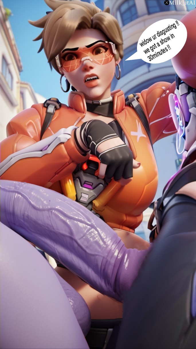 3d 3girls ai_generated antifragile_traysi big_ass big_balls big_penis digusting disgusted disgusted_look flaccid_penis futanari le_sserafim milk_itai overwatch overwatch_2 text text_box text_bubble tinted_eyewear tracer widowmaker