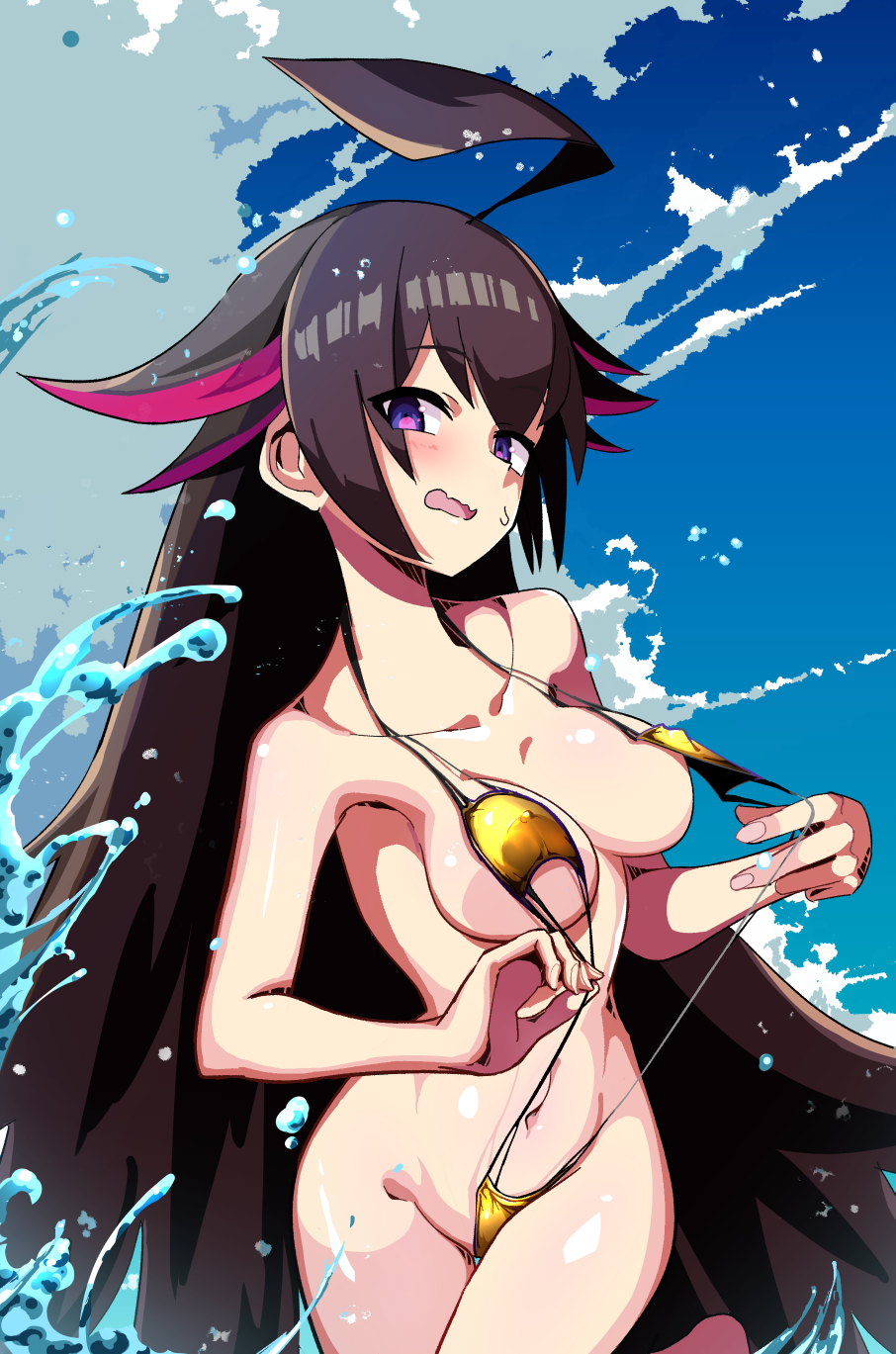 blush dapico duel_masters duel_masters_play's medium_breasts nervous ocean petite pulled_by_self slingshot_swimsuit splashing sweatdrop wavy_mouth