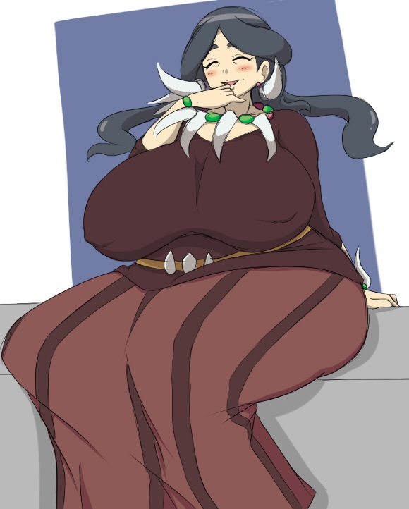 1girls, areolae, artist request, ass, belt, big ass, big breasts, black hair, blue background, blush, bracelet, breasts, breasts bigger than head, chubby, closed eyes, clothed, dracaena (pokemon), drasna (pokemon), eyelashes, female, female only, game freak, horn, huge ass, huge breasts, human, human only, large breasts, long hair, looking at viewer, mature, necklace, nintendo, open mouth, pokemon, pokemon xy, puffy nipples, shirt, sitting, sitting down, skirt, smile, solo, thick thighs, thighs bigger than head, tongue, white border