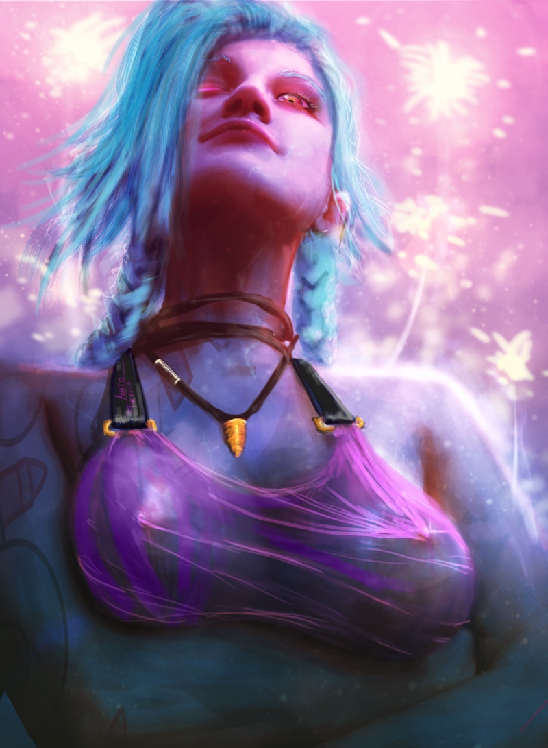 1girls anato_finnstark annato_finnstark blue_hair bra braid braided_hair breasts choker crossed_arms detailed female female_only glowing_eyes jinx_(league_of_legends) league_of_legends light-skinned_female light_skin low-angle_view lowres medium_breasts medium_hair necklace nipples orange_eyes painting_(artwork) realistic riot_games see-through see-through_clothing solo straight_hair tattoo tattoos tied_hair