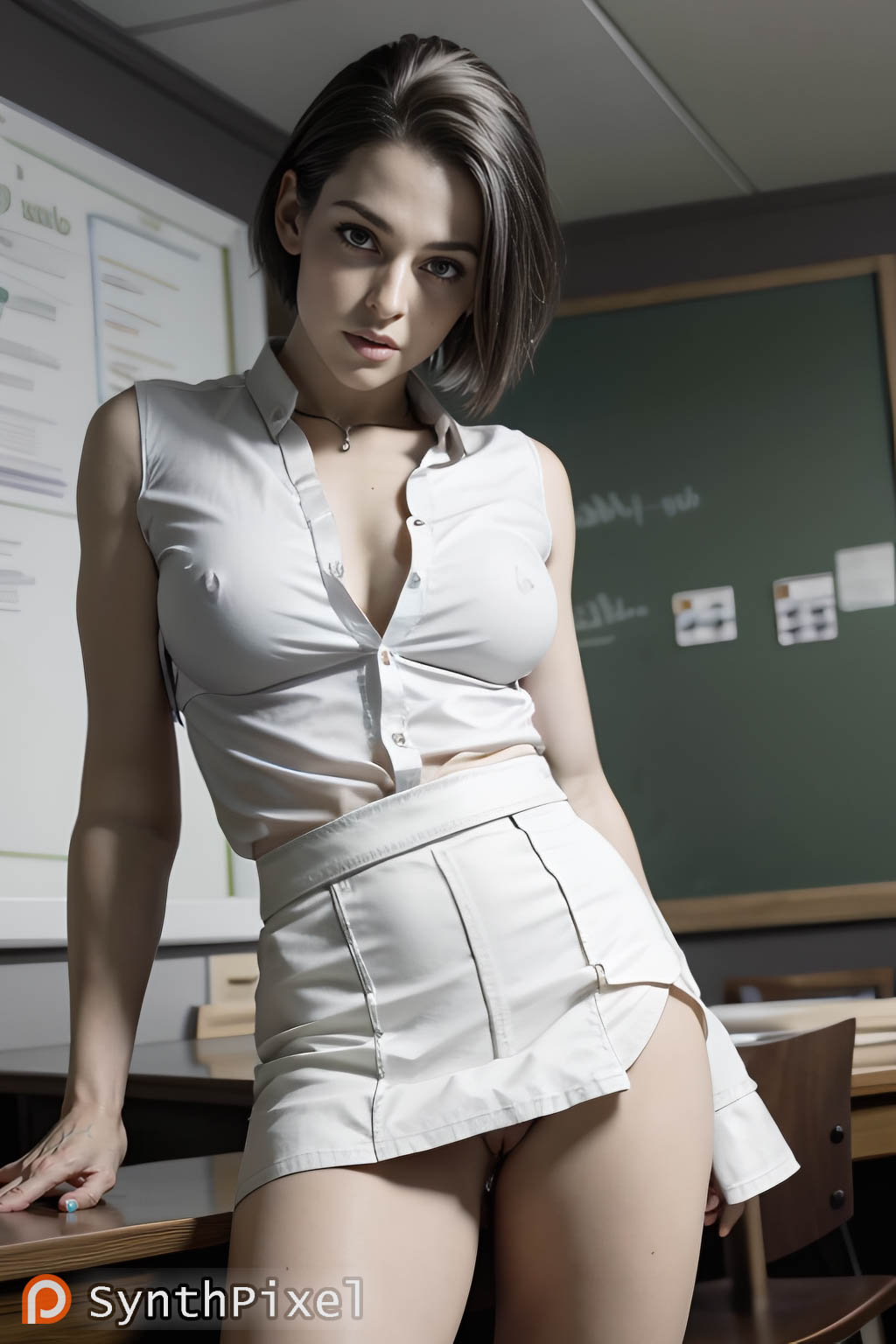 1girls ai_generated black_hair breasts chalkboard classroom desk detailed hi_res highres indoors jill_valentine looking_at_viewer medium_breasts necklace no_panties partially_unbuttoned pussy realistic resident_evil resident_evil:_death_island shirt skirt sleeveless sleeveless_shirt solo synthpixel white_shirt white_skirt