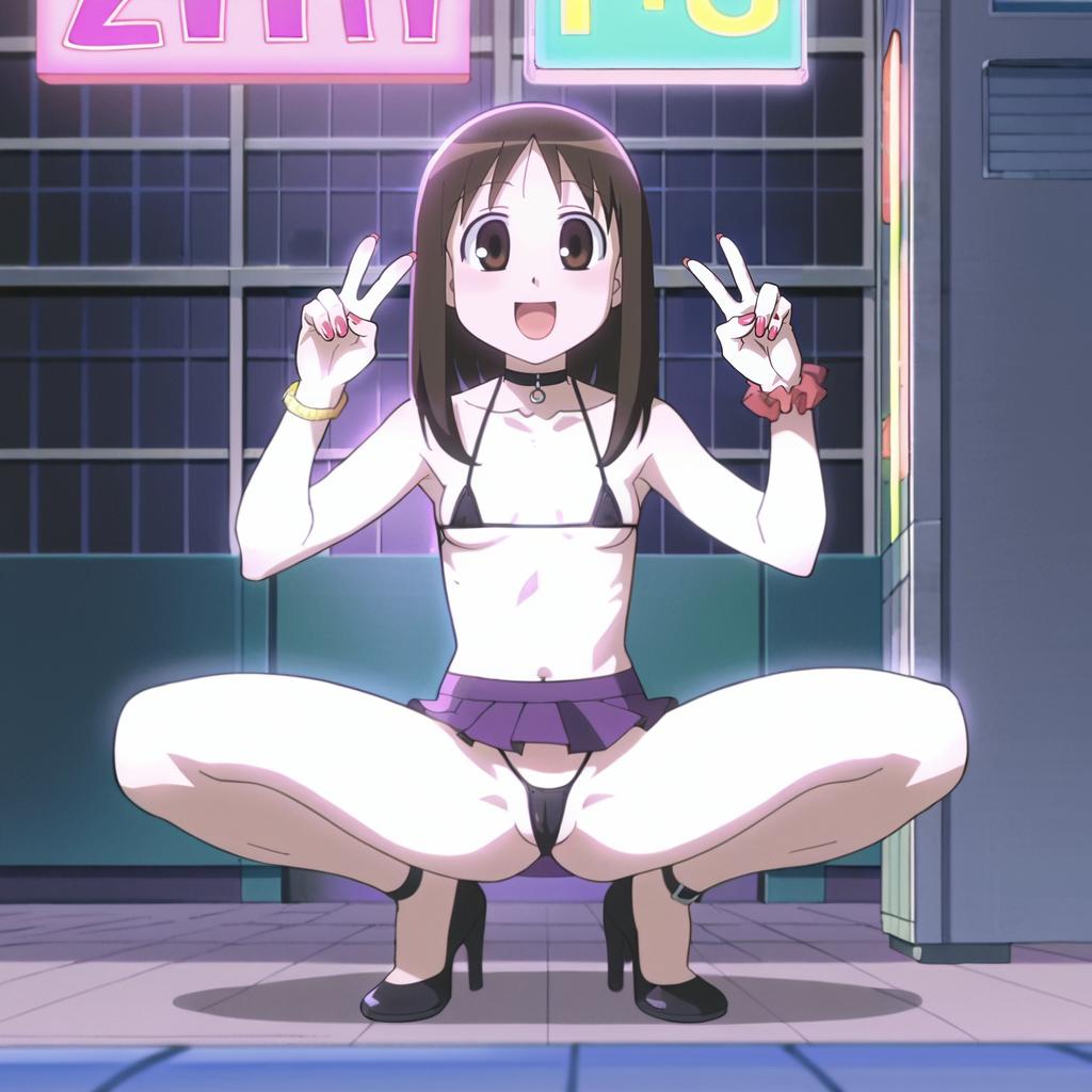 ai_generated aizumanga azumanga_daiou brown_eyes brown_hair cameltoe choker double_v heels micro_bikini microskirt nightclub osaka_ayumu_kasuga painted_nails slutty_outfit small_breasts smile squatting white_skin