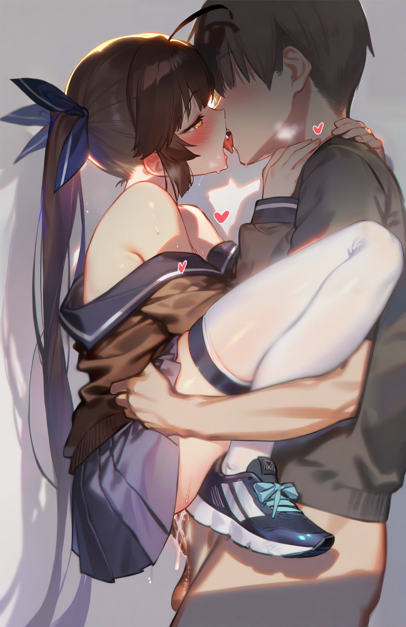 bottomless, bottomless male, brown hair, girls' frontline, heart, kissing while penetrated, m14 (girls' frontline), male, sex, standing sex, tkohoto, white thighhighs, yellow eyes