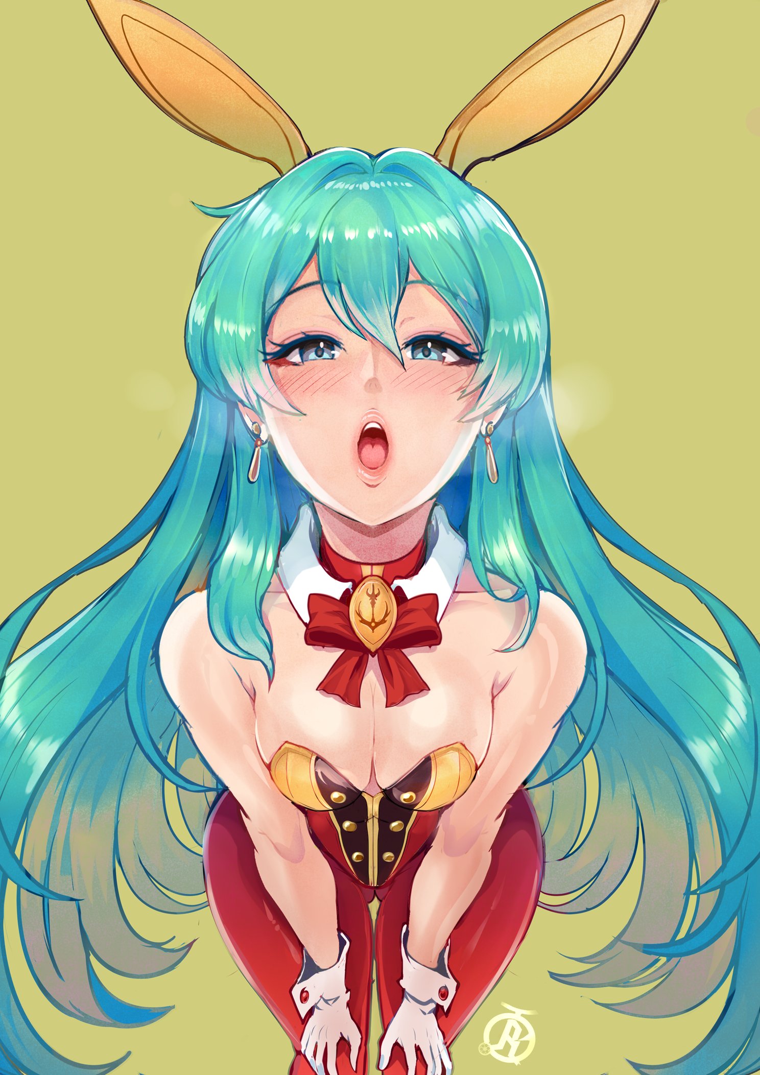 1girls, alternate costume, aqua hair, ass visible through thighs, bare arms, bare shoulders, bent over, blue eyes, blue hair, breasts, bunny ears, bunny girl, bunnysuit, cleavage, collarbone, earrings, eirika (fire emblem), female, female only, fire emblem, fire emblem: the sacred stones, fully clothed, gloves, green background, hair between eyes, hands on own thighs, leaning forward, leotard, long hair, looking at viewer, medium breasts, nintendo, open mouth, pantyhose, revolverwingstudios, shoulders, solo, very long hair, yellow background