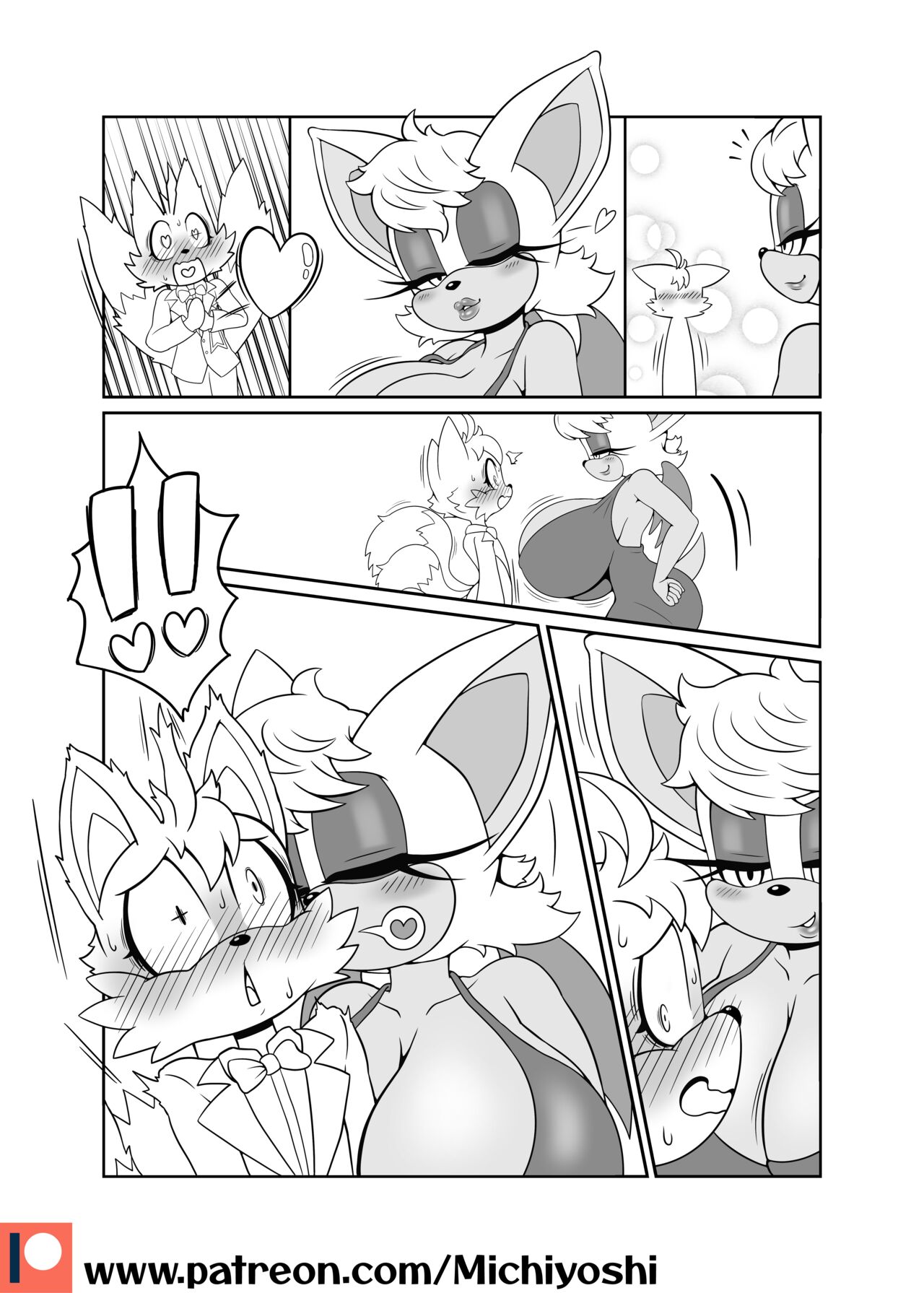 aged up, alternate breast size, anthro, anthro only, big breasts, blush, breasts, comic, female, female focus, furry, furry female, furry male, furry only, heart, huge breasts, kissing, male, michiyoshi, miles prower, rouge the bat, shy, sonic (series), wings, wink