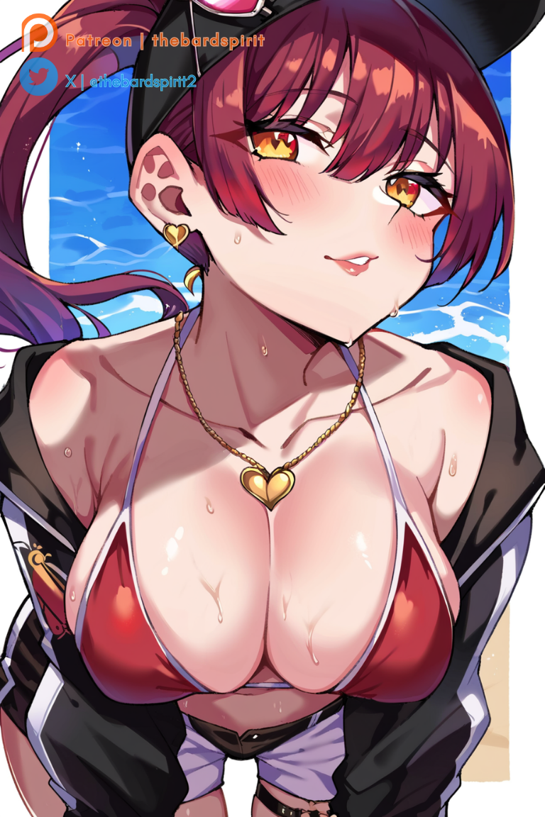 1boy 1girls ai_generated bent_over big_breasts bouncing_breasts bra breast_grab breasts cleavage curvaceous curvaceous_female curvaceous_figure curvy curvy_figure earrings eyebrows_visible_through_hair female female_focus finger fingernails heart highres hololive houshou_marine huge_breasts mature_female medium_hair milf multicolored_eyes navel ocean red_eyes red_hair seductive seductive_look seductive_smile sideboob simple_background smile standing stomach tagme thebardspirit virtual_youtuber voluptuous voluptuous_female vtuber wet yellow_eyes